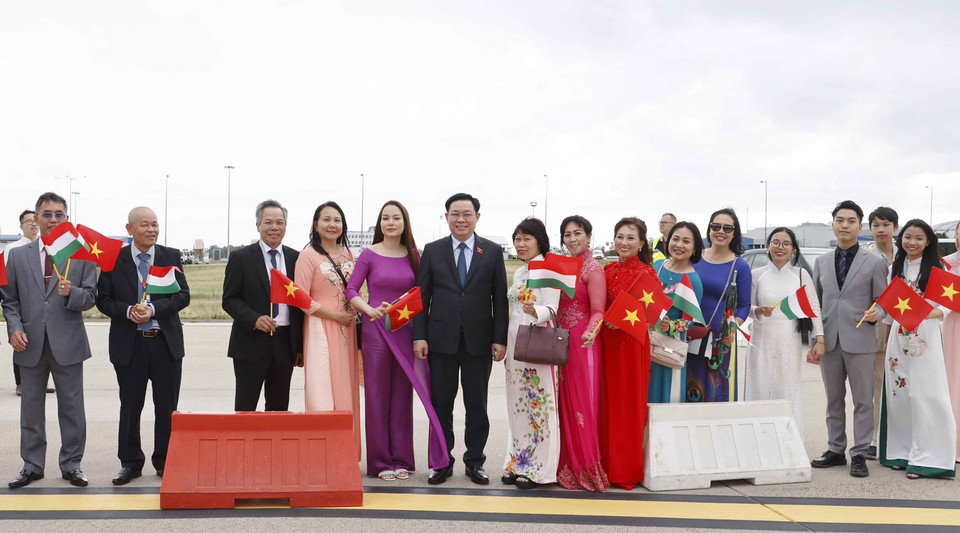 Kiều bào tại Hungary đón Chủ tịch Quốc hội Vương Đình Huệ và Đoàn Đại biểu cấp cao Quốc hội Việt Nam. (Ảnh: Doãn Tấn/TTXVN)