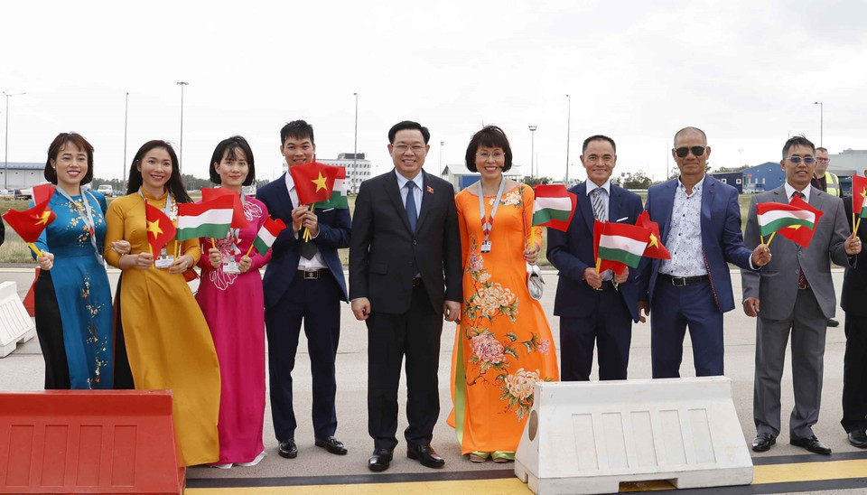 Kiều bào tại Hungary đón Chủ tịch Quốc hội Vương Đình Huệ và Đoàn Đại biểu cấp cao Quốc hội Việt Nam. (Ảnh: Doãn Tấn/TTXVN)