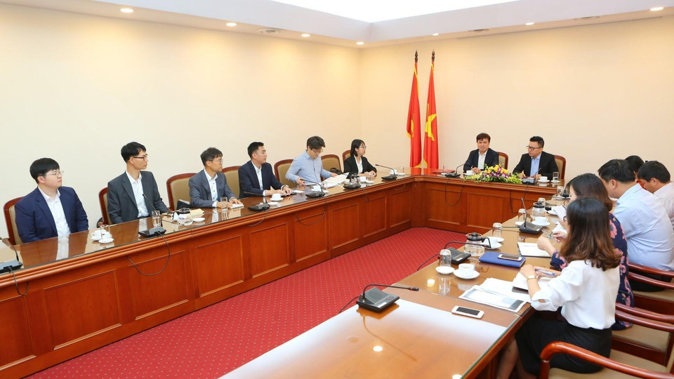 Quang cảnh buổi làm việc về hợp tác trao đổi thông tin giữa TTXVN và Aju News Corporation. (Ảnh: Thành Đạt/TTXVN)