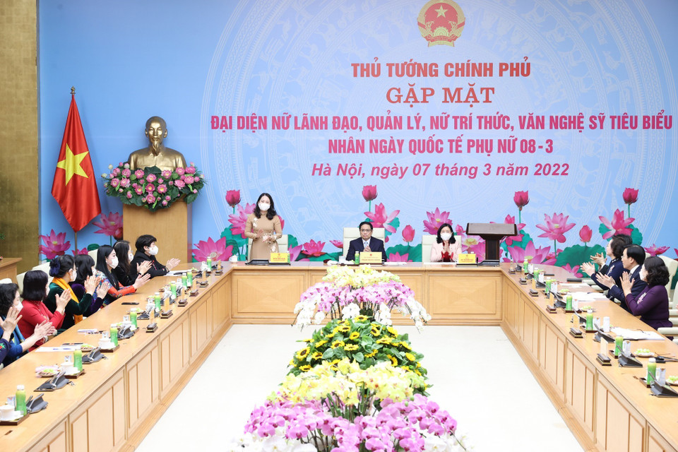 Phó Chủ tịch nước Võ Thị Ánh Xuân tham dự buổi gặp. (Ảnh: Dương Giang/TTXVN)