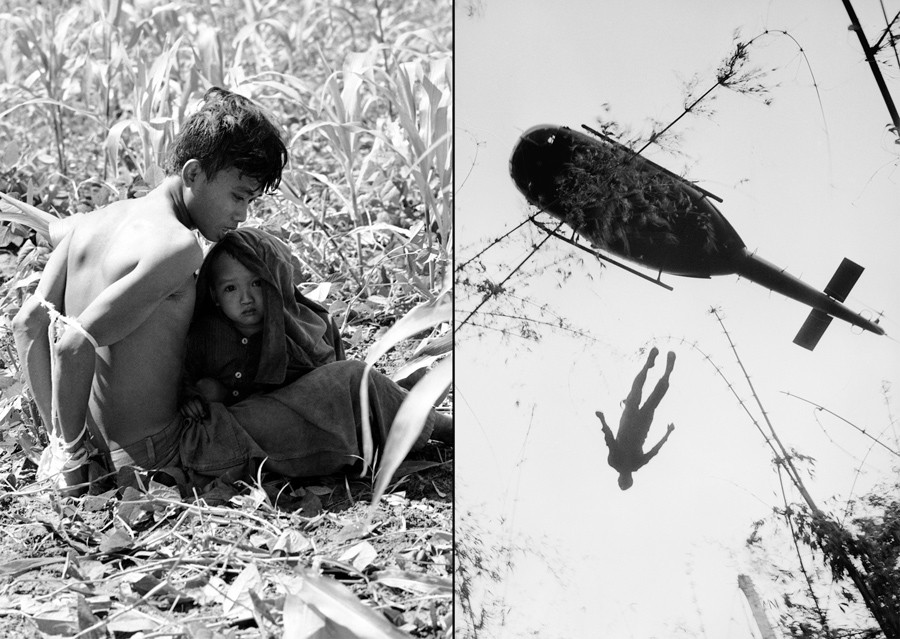Ảnh trái: Một em bé dựa vào người cha bị trói do nghi ngờ là du kích ngày 17/2/1966. Người cha sau đó bị đưa đi thẩm vấn tại Sư đoàn kỵ binh bay số 1 của Mỹ. Ảnh phải: Xác một lính dù Mỹ được kéo lên trực thăng sơ tán. (Ảnh: AP)