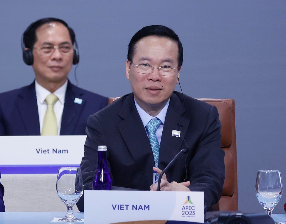 Chủ tịch nước Võ Văn Thưởng dự Phiên họp hẹp các Nhà lãnh đạo các nền kinh tế APEC. (Ảnh: Thống Nhất/TTXVN)