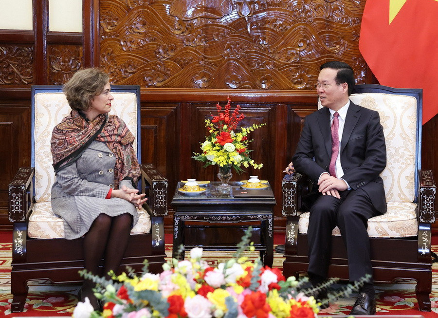 Chủ tịch nước Võ Văn Thưởng tiếp Đại sứ Tây Ban Nha Carmen Cano De Lasala. (Ảnh: Thống Nhất/TTXVN)