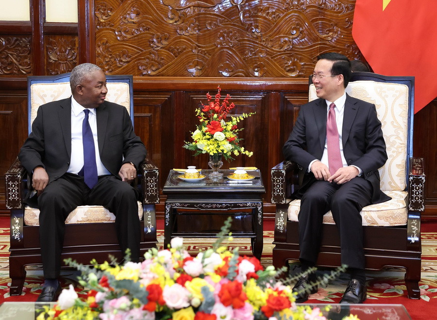 Chủ tịch nước Võ Văn Thưởng tiếp Đại sứ Cộng hòa Mozambique Leonardo Manuel Pene. (Ảnh: Thống Nhất/TTXVN)