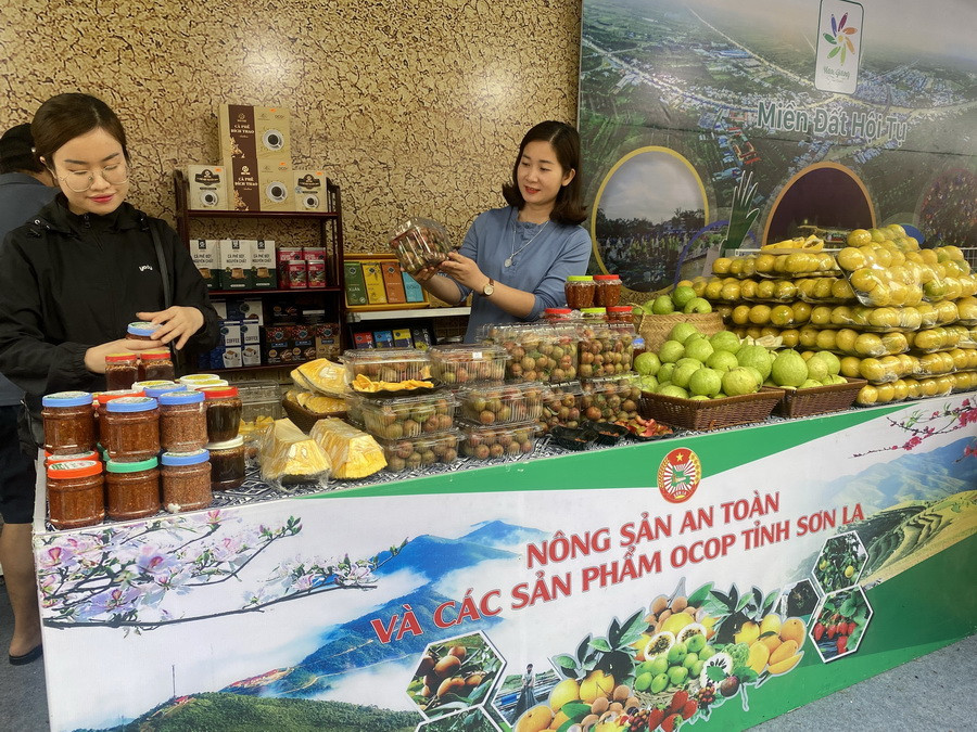 Các sản phẩm nông sản tiêu biểu của tỉnh Sơn La tham dự Lễ hội văn hóa, du lịch, ẩm thực quốc tế - Hà Giang lần thứ Nhất, năm 2024. (Ảnh: Minh Tâm/TTXVN)