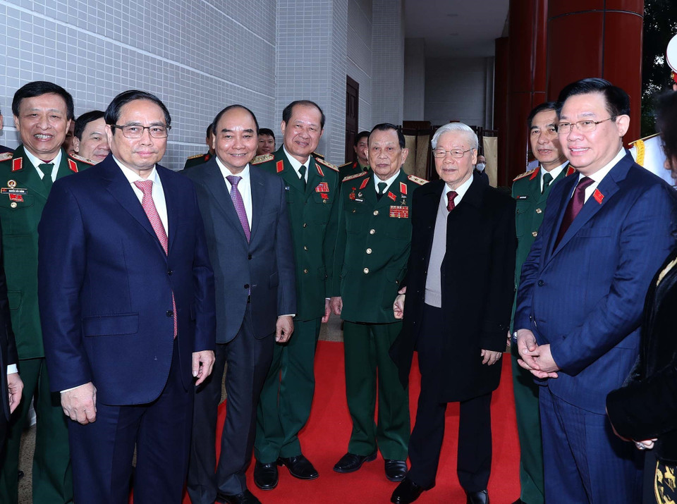 Tổng Bí thư Nguyễn Phú Trọng cùng các đồng chí lãnh đạo Đảng, Nhà nước đến dự đại hội. (Ảnh: TTXVN)