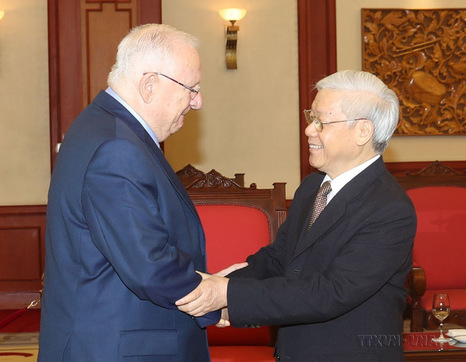 Tổng Bí thư Nguyễn Phú Trọng tiếp Tổng thống Israel Reuven Ruvi Rivlin thăm cấp Nhà nước Việt Nam (Hà Nội, 20/3/2017). (Ảnh: Trí Dũng/TTXVN)