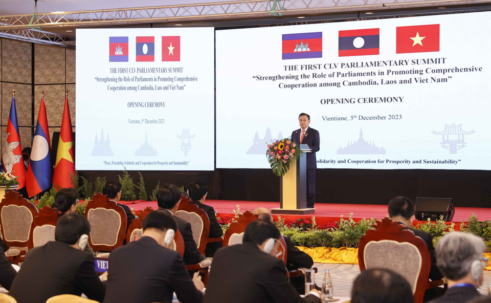 Chủ tịch Quốc hội Lào Saysomphone Phomvihane phát biểu. (Ảnh: Doãn Tấn/TTXVN)