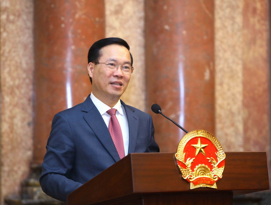 Chủ tịch nước Võ Văn Thưởng phát biểu tại buổi gặp mặt. (Ảnh: An Đăng/TTXVN)