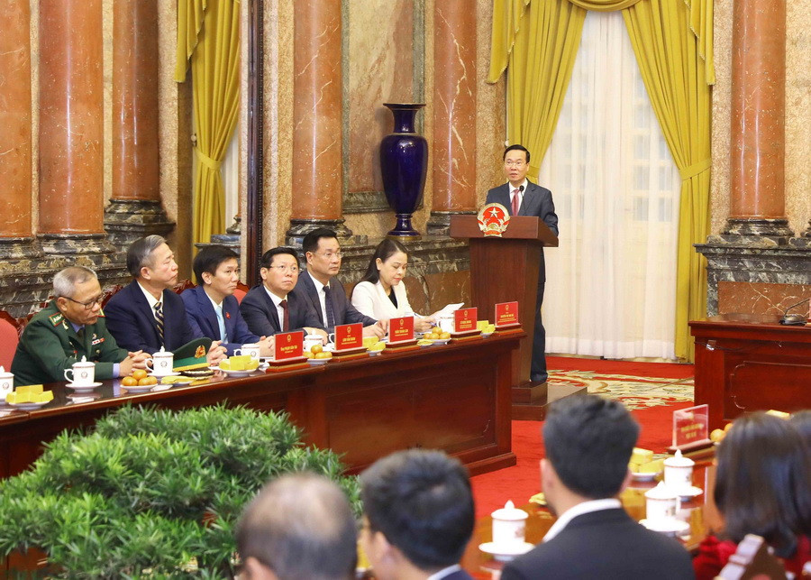 Chủ tịch nước Võ Văn Thưởng phát biểu tại buổi gặp mặt. (Ảnh: An Đăng/TTXVN)