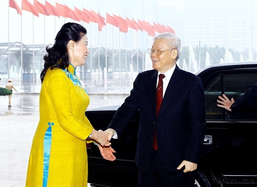 Tổng Bí thư Nguyễn Phú Trọng đến dự Đại hội đại biểu Phụ nữ toàn quốc lần thứ XII, nhiệm kỳ 2017-2022 với chủ đề “Đoàn kết-Đổi mới-Bình đẳng-Hội nhập” (3/2017). (Ảnh: TTXVN)