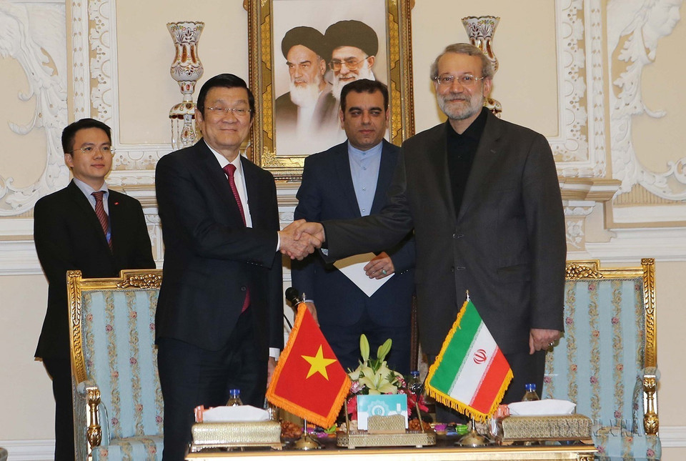 Trong chuyến thăm cấp Nhà nước tới Iran, chiều 14/3/2016, tại thủ đô Tehran, Chủ tịch nước Trương Tấn Sang hội kiến Chủ tịch Quốc hội Iran Ali Larijani. (Ảnh: Nguyễn Khang/TTXVN)