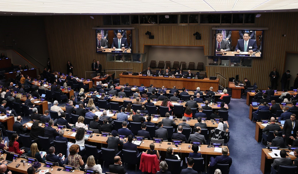 Thủ tướng Phạm Minh Chính phát biểu tại Hội nghị Thượng đỉnh Tham vọng Khí hậu của Liên hợp quốc. (Ảnh: Dương Giang/TTXVN)