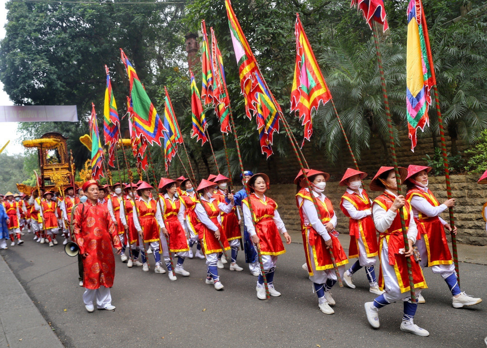 Đoàn rước kiệu của thị trấn Hùng Sơn (huyện Lâm Thao). (Ảnh: Tuấn Đức/TTXVN)