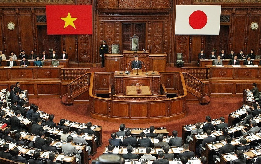 Chủ tịch nước Trương Tấn Sang phát biểu trước Quốc hội Nhật Bản trong chuyến thăm cấp Nhà nước Nhật Bản từ ngày 16-19/3/2014. (Ảnh: Nguyễn Khang/TTXVN)