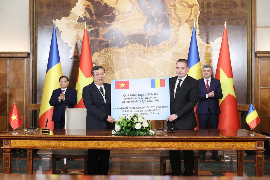 Đai diện Việt Nam trao tặng 10.000 liều vaccine AVAC phòng bệnh tả lợn châu Phi cho Romania. (Ảnh: Dương Giang/TTXVN)