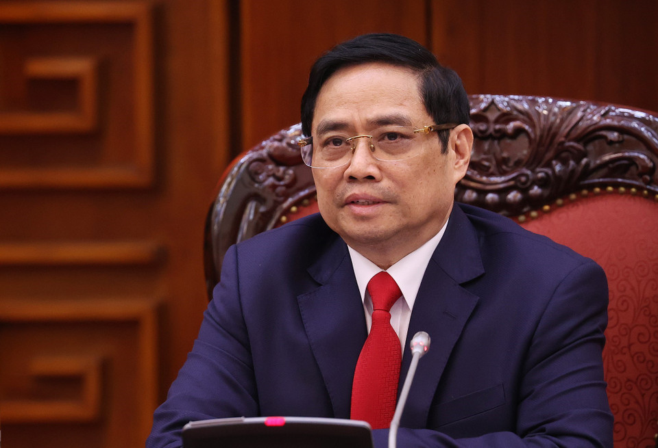 Thủ tướng Phạm Minh Chính phát biểu tại buổi tiếp Bộ trưởng Quốc phòng Hoa Kỳ Lloyd Austin. (Ảnh: Dương Giang/TTXVN)