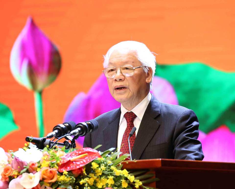 Tổng Bí thư, Chủ tịch nước Nguyễn Phú Trọng đọc diễn văn kỷ niệm 50 năm thực hiện Di chúc của Chủ tịch Hồ Chí Minh (1969-2019) và kỷ niệm 50 năm Ngày mất của Người (2/9/1969-2/9/2019). (Ảnh: Trí Dũng/TTXVN)