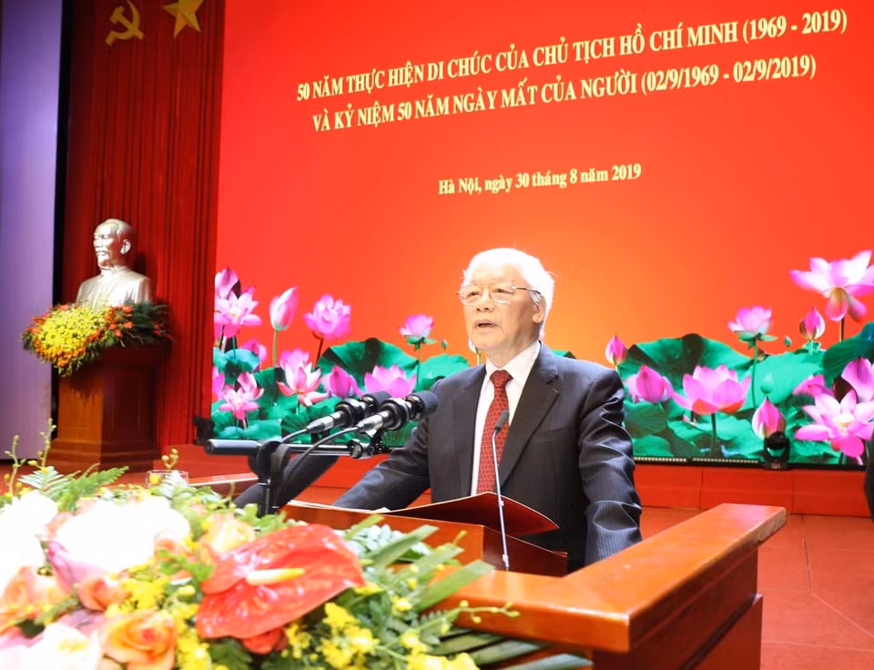 Tổng Bí thư, Chủ tịch nước Nguyễn Phú Trọng đọc diễn văn kỷ niệm 50 năm thực hiện Di chúc của Chủ tịch Hồ Chí Minh (1969-2019) và kỷ niệm 50 năm Ngày mất của Người (2/9/1969-2/9/2019). (Ảnh: Trí Dũng/TTXVN)