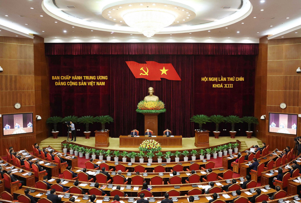 Sáng 18/5/2024, tại Trụ sở Trung ương Đảng, Hội nghị lần thứ 9 Ban Chấp hành Trung ương Đảng khóa XIII họp phiên bế mạc. Tổng Bí thư Nguyễn Phú Trọng chủ trì và phát biểu bế mạc Hội nghị. (Ảnh: Trí Dũng/TTXVN)