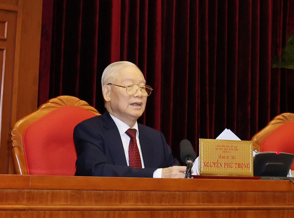 Tổng Bí thư Nguyễn Phú Trọng phát biểu bế mạc Hội nghị Trung ương lần thứ 9, khóa XIII. (Ảnh: Trí Dũng/TTXVN)