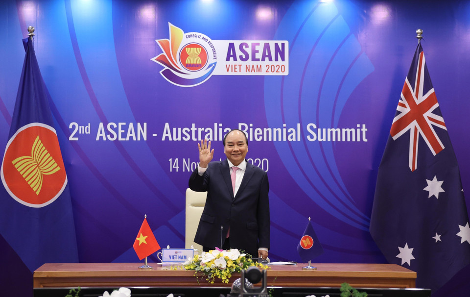 3. Ngoại giao đa phương Việt Nam có nhiều dấu ấn quan trọng. Trong ảnh: Thủ tướng Nguyễn Xuân Phúc chủ trì Hội nghị Cấp cao ASEAN-Australia trên vai trò Chủ tịch luân phiên ASEAN năm 2020. (Ảnh: TTXVN)