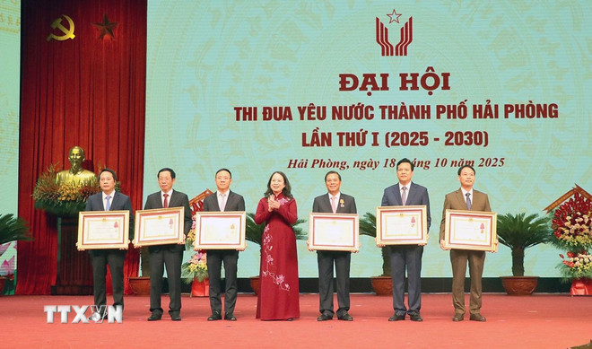 Visepresident Vo Thi Anh Xuan overrakte uavhengighetsmedaljen av andre klasse og arbeidsmedaljen av første klasse til enkeltpersoner og grupper. (Foto: Hoang Ngoc/VNA) ttxvn-anh-xuan.jpg