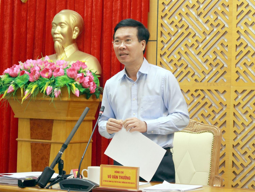 Đồng chí Võ Văn Thưởng phát biểu tại buổi làm việc. (Ảnh: Đồng Thúy-TTXVN)