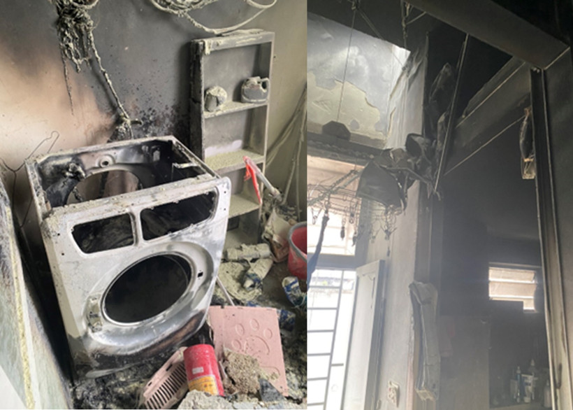 Hiện trường vụ cháy chỉ gây thiệt hại một máy giặt đã qua sử dụng, không có thiệt hại về người. (Ảnh: Công an quận Nam Từ Liêm) 
