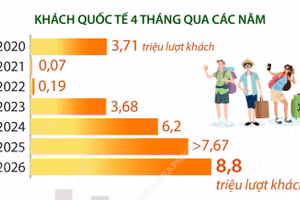 Khách quốc tế đến Việt Nam đạt 8,8 triệu lượt người