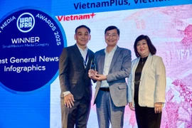 Đại diện VietnamPlus nhận giải thưởng “Đồ họa Tin tức Tổng hợp Tốt nhất” (Best General News Infographics) của WAN-IFRA. (Ảnh: PV/Vietnam+)