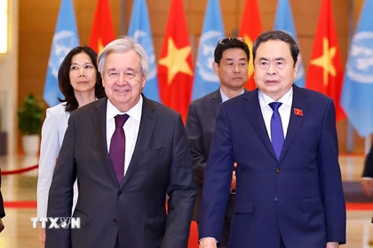 Chủ tịch Quốc hội Trần Thanh Mẫn tiếp Tổng Thư ký Liên hợp quốc António Guterres. (Ảnh: Doãn Tấn/TTXVN)
