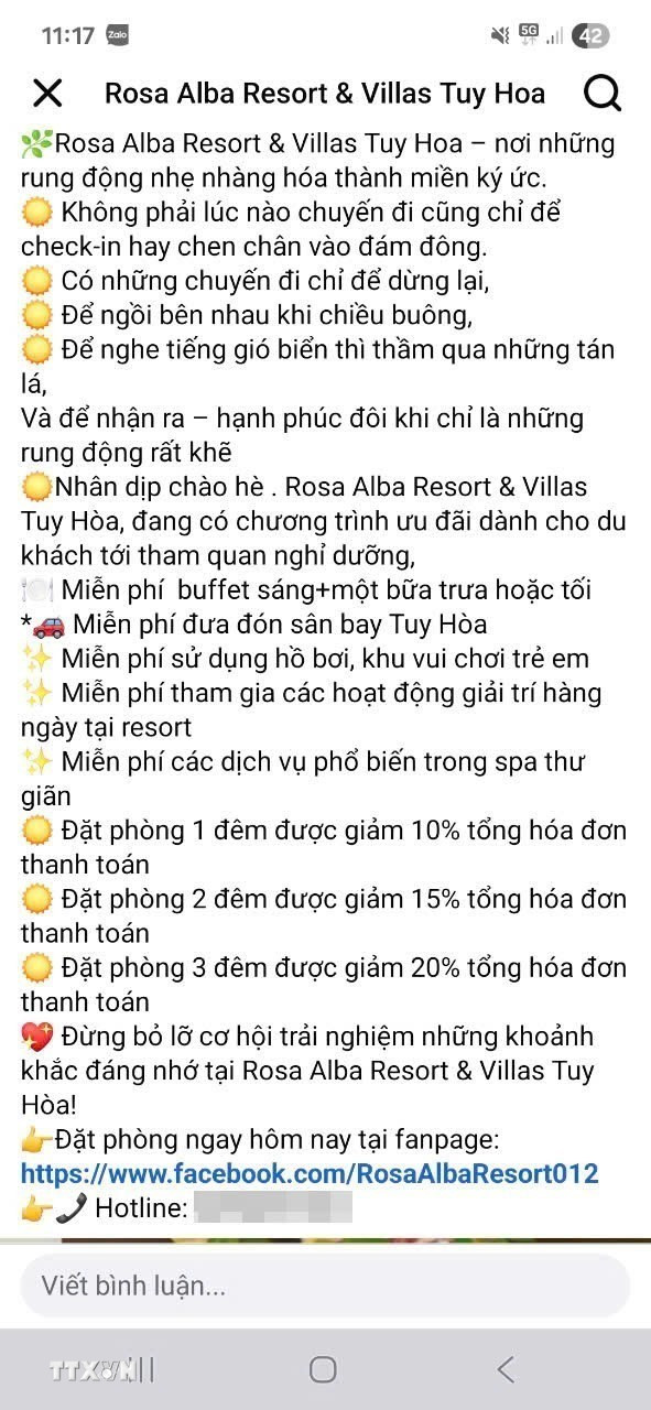 Một trang facebook giả mạo không có tích xanh, không có số điện thoại cố định mà chỉ có số điện thoại cá nhân. (Ảnh: TTXVN phát) ttxvn-1407-canh-bao-lua-dao-du-lich-2.jpg