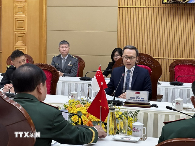 Chan Heng Kee, fast sekretær i Singapores forsvarsdepartement, taler under dialogen. (Foto: Tran Le Lam/VNA) ttxvn-2810-quoc-phong-viet-nam-singapore-3.jpg