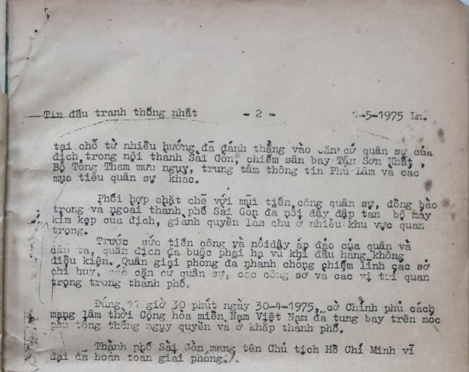 Bản tin chiến thắng đầu tiên phát đi từ Việt Nam Thông tấn xã ngày 30/4/1975. (Nguồn: Vietnam+) 2304-ban-tin-giai-phong-thong-tan-xa-7.jpg