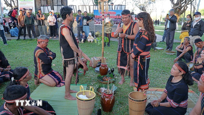 En äktenskapsmakare bevittnar och ger råd till bruden och brudgummen vid en traditionell Jrai-vigselceremoni. (Foto: Hoai Nam/VNA) ttxvn-0411-dan-toc-jrai-2.jpg