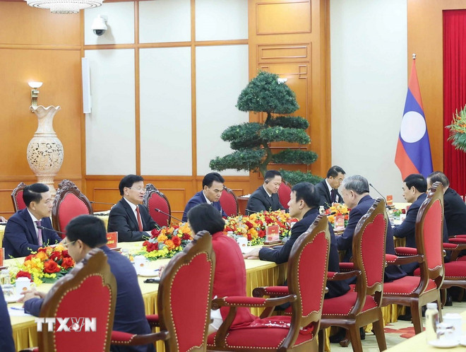 Tổng Bí thư Tô Lâm tiếp Tổng Bí thư, Chủ tịch nước Lào Thongloun Sisoulith. (Ảnh: Thống Nhất/TTXVN) ttxvn-0209-tong-bi-thu-tiep-tong-bi-thu-lao-6.jpg