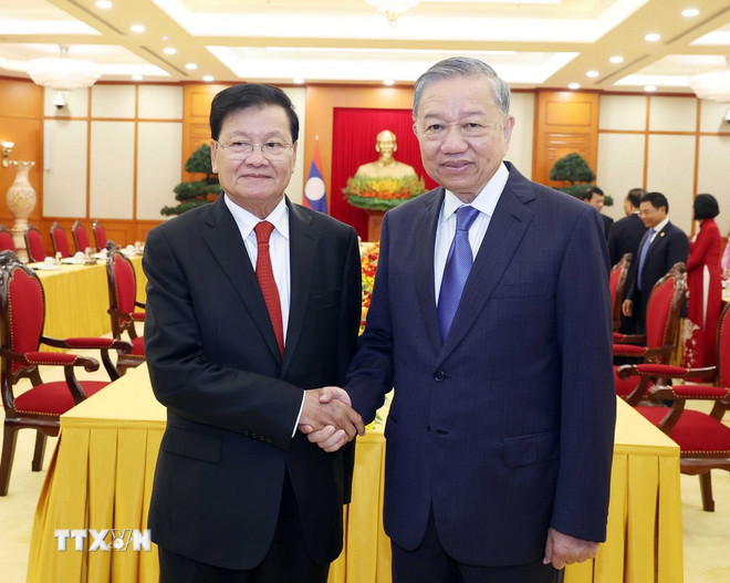 Tổng Bí thư Tô Lâm tiếp Tổng Bí thư, Chủ tịch nước Lào Thongloun Sisoulith. (Ảnh: Thống Nhất/TTXVN) ttxvn-0209-tong-bi-thu-tiep-tong-bi-thu-lao-2.jpg