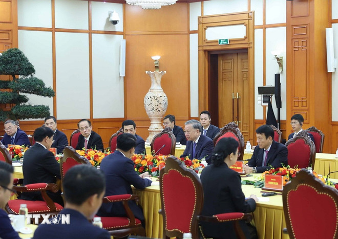 Tổng Bí thư Tô Lâm tiếp Tổng Bí thư, Chủ tịch nước Lào Thongloun Sisoulith. (Ảnh: Thống Nhất/TTXVN) ttxvn-0209-tong-bi-thu-tiep-tong-bi-thu-lao-3.jpg