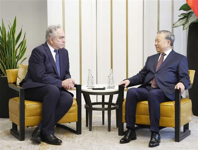 Tổng Bí thư Tô Lâm tiếp cựu Thứ trưởng thứ nhất Bộ Ngoại giao Hoa Kỳ Kurt Campbell. (Ảnh: Thống Nhất/TTXVN)