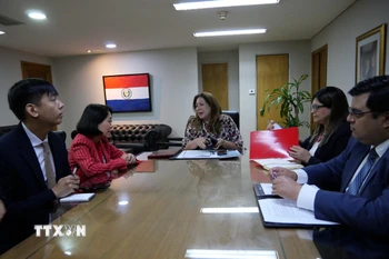Đại sứ Ngô Minh Nguyệt và Tổng Vụ trưởng Chính sách Đa phương trực thuộc Bộ Ngoại giao Paraguay Nimia Da Silva Boschert trao đổi các biện pháp thúc đẩy hơn nữa quan hệ hợp tác chính trị, kinh tế và thương mại giữa hai nước, đặc biệt tại các diễn đàn đa phương và khu vực như Liên hợp quốc và Mercosur. (Ảnh: Diệu Hương/TTXVN)