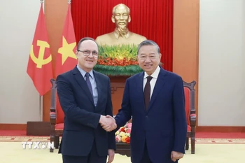 Tổng Bí thư Tô Lâm tiếp Đại sứ Liên bang Nga tại Việt Nam Gennady Bezdetko. (Ảnh: Thống Nhất/TTXVN)