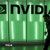 Biểu tượng của Tập đoàn Nvidia tại triển lãm máy tính ở Đài Loan (Trung Quốc) hồi năm ngoái. (Ảnh: Reuters/TTXVN)