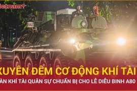 Khí tài quân sự được cơ động xuyên đêm chuẩn bị cho lễ diễu binh A80 