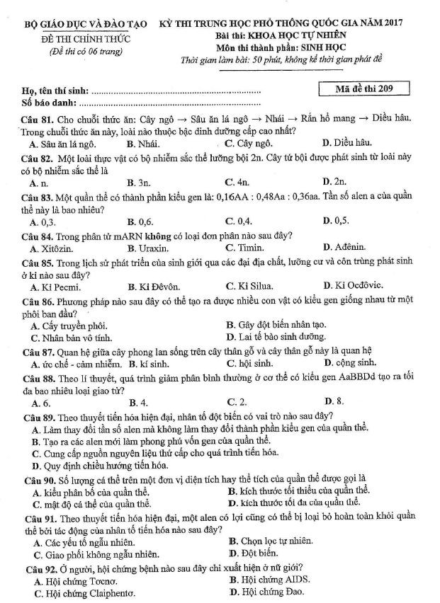 Đề thi và gợi ý giải đề môn Sinh học kỳ thi THPT Quốc gia năm 2017 ảnh 2