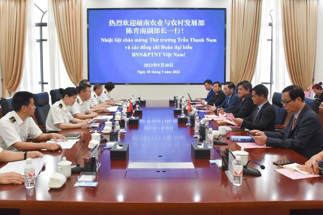Đoàn công tác Bộ Nông nghiệp và Phát triển nông thôn làm việc với Cục Hải quan Nam Ninh tại Quảng Tây. (Ảnh: PV/Vietnam+) Đề xuất thí điểm cửa khẩu thông minh để giải tỏa nông sản ùn tắc ảnh 3