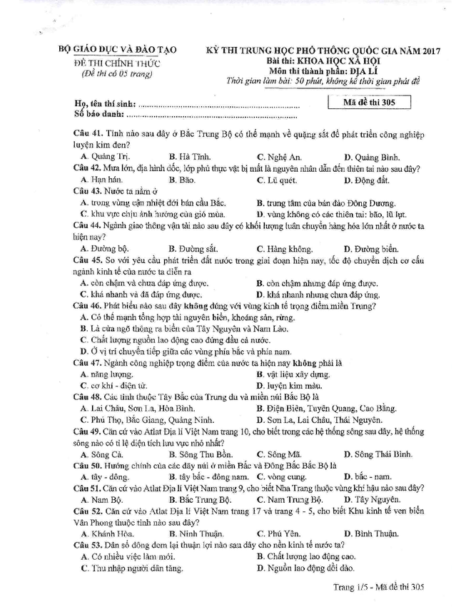 24 đề thi môn Địa lý kỳ thi Trung học Phổ thông Quốc gia năm 2017 ảnh 1