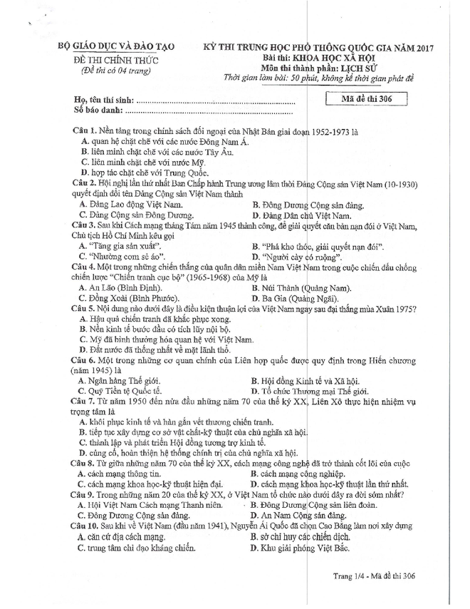 24 đề thi môn Lịch sử kỳ thi THPT Quốc gia năm 2017 ảnh 1
