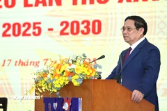 Thủ tướng Chính phủ Phạm Minh Chính phát biểu chỉ đạo tại Đại hội đại biểu Đảng bộ Thông tấn xã Việt Nam lần thứ 27, nhiệm kỳ 2025 - 2030. (Ảnh: Hoài Nam/Vietnam+)