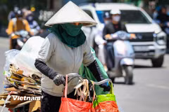 Cái nóng hầm hập, ngột ngạt bao trùm khắp các ngõ ngách. Nhiều người dân chia sẻ họ cảm thấy bị "sốc" vì thời tiết chuyển biến quá nhanh từ giai đoạn mát mẻ sang nắng cháy da cháy thịt. (Ảnh: Hoài Nam/Vietnam+)